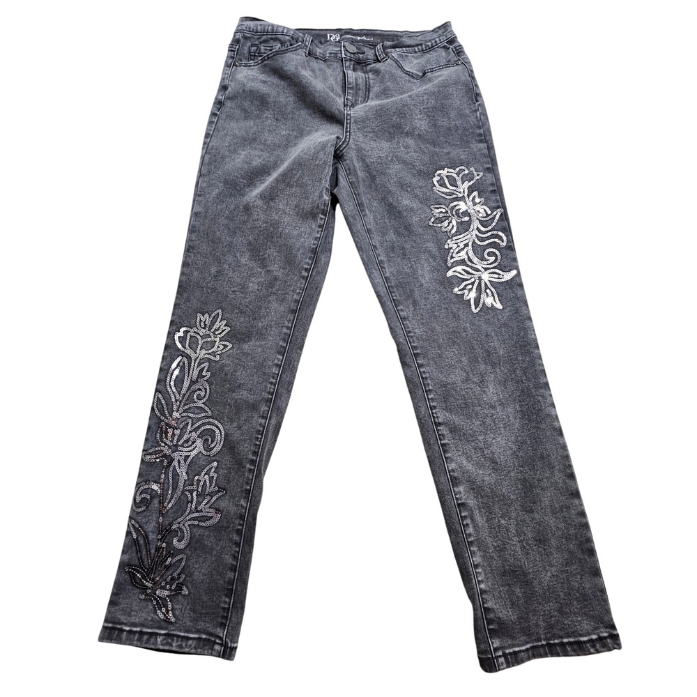 DG2 Diane Gilman Jeans Women 10 Black Acid Wash Sequin Floral Stretch Straight